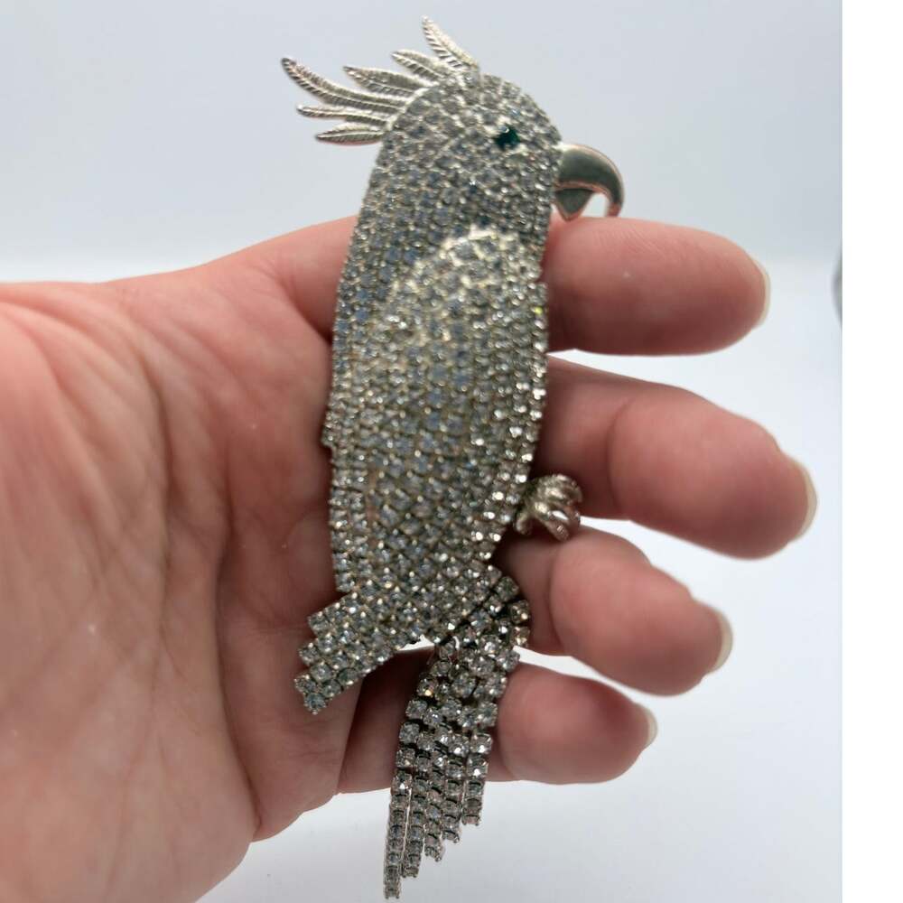 Vintage Silver-tone Rhinestone Cockatoo Brooch With Green Eye and Fringe Tail